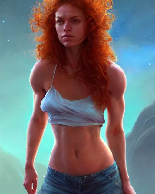Prompt: : latina actress wearing halter top, perfect face, flowing ginger hair, abs, cinematic, stunning, athletic, strong, agile, highly detailed, psychedelic, digital painting, artstation, smooth, hard focus, illustration, art by jessica rossier and and brian froud