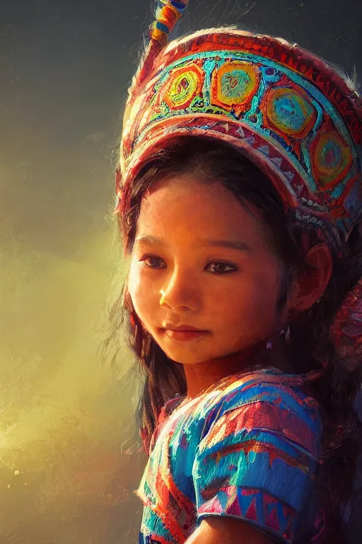 Image similar to aztec little girl, joyful, close - up portrait, intricate, elegant, volumetric lighting, scenery, digital painting, highly detailed, artstation, sharp focus, illustration, concept art, ruan jia, steve mccurry