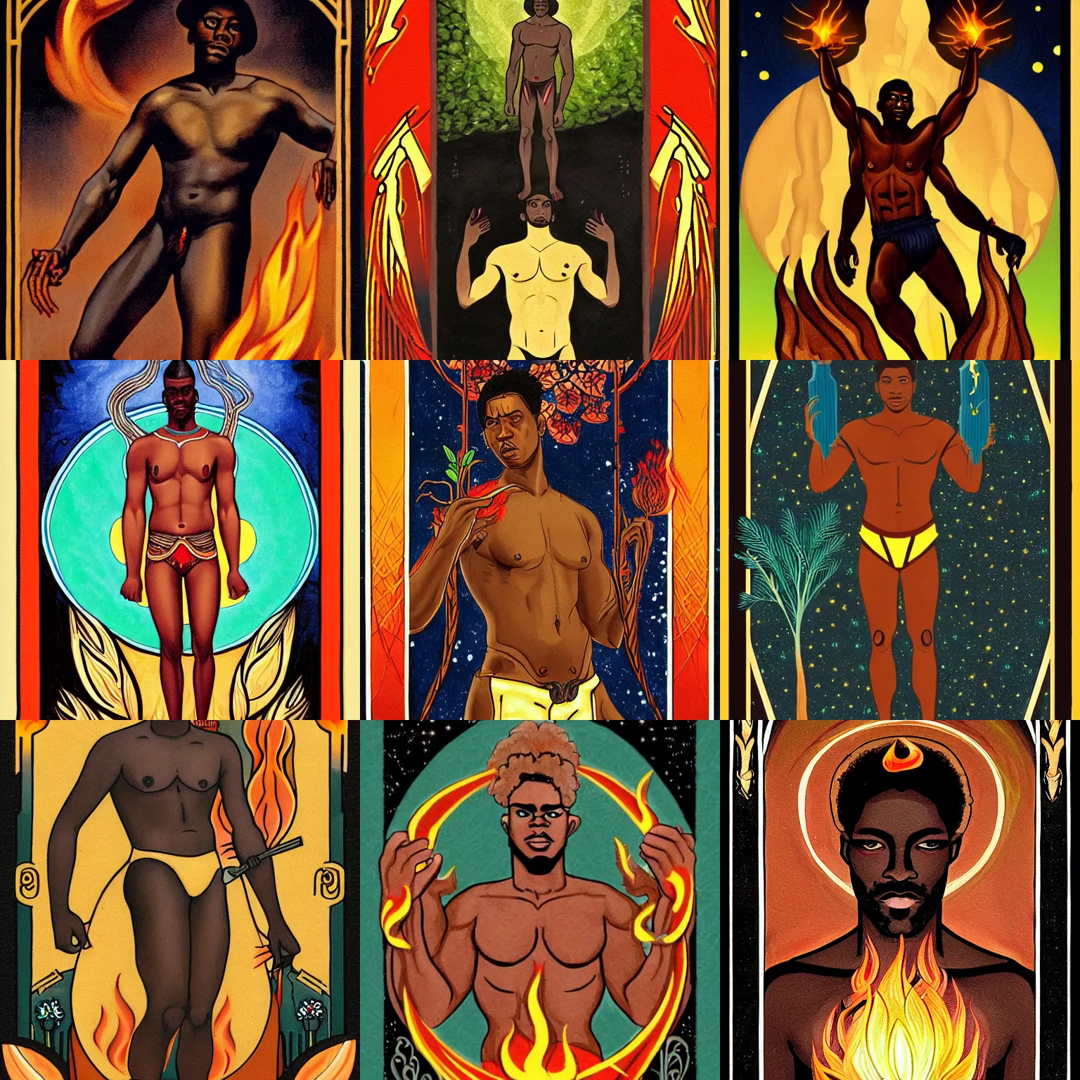 Prompt: a beautiful dramatic symmetrical tarot painting of a shirtless dark-skinned cowboy holding fire in one hand and new growth in the other | tarot card, art deco, art nouveau | trending on artstation