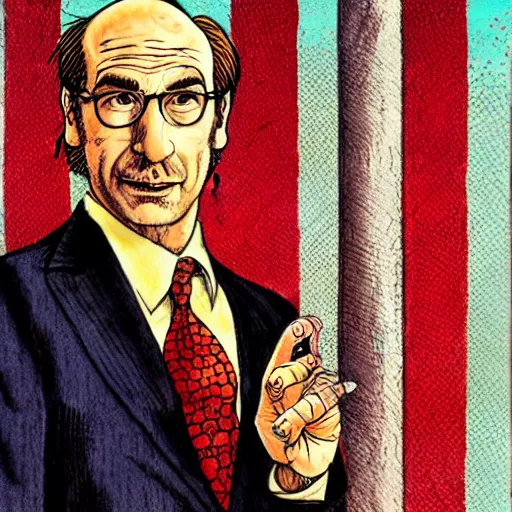 Image similar to The Artwork of R. Crumb and his Cheap Suit Saul-Goodman-Better-Call-Saul, pencil and colored marker artwork, trailer-trash lifestyle