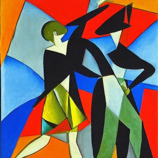 Prompt: two Russian Women in the moonlight dancing by the ocean , high quality art in the style of cubism and georgia o’keefe,