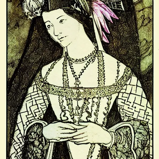 Image similar to Anne Boleyn transforming into a bird, avian, feathers, she is sad, in the style of Arthur Rackham