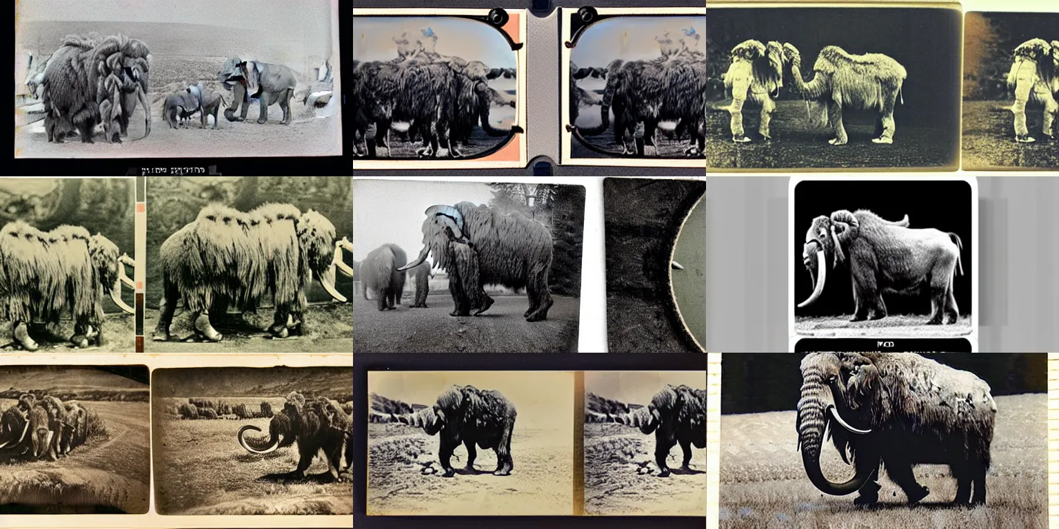 Prompt: stereoscopic card photograph of a live woolly mammoth