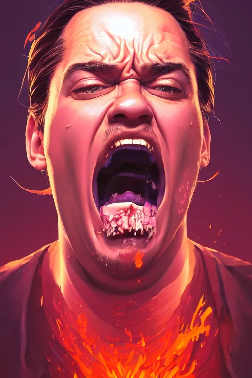 Image similar to a highly detailed beautiful portrait of Mike Patton in hell screaming in front of people, highly detailed, 2d game fanart behance hd by Jesper Ejsing, by RHADS, Makoto Shinkaih and Lois van baarle, ilya kuvshinov, rossdraws global illumination, cinematic, hyper-realistic, depth of field, coherent, high definition, 8k resolution octane renderer, artstation