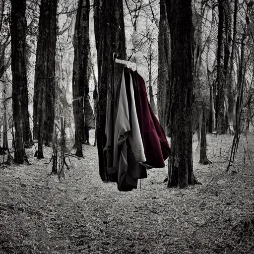 Image similar to clothes on a hanger in a lonely eery forest, fever dream, award winning photography, dreamcore, weirdcore