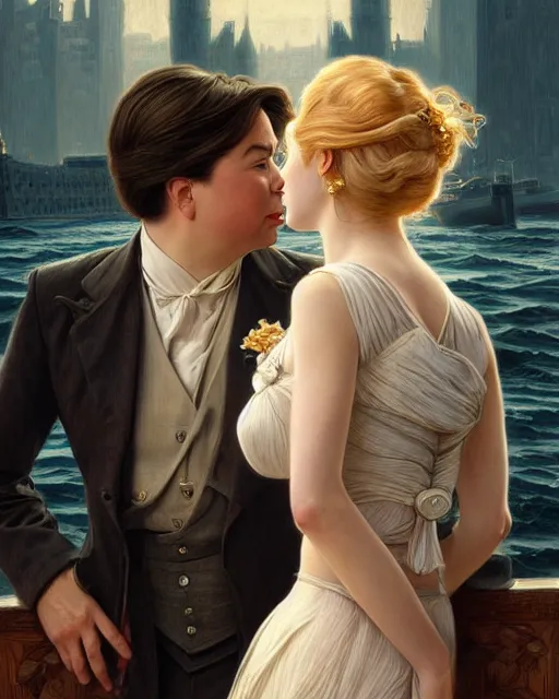 Prompt: Portrait of a  blonde lady and Michael mcintyre in the paintining scene in the film Titanic,real life skin, intricate, elegant, highly detailed, artstation, concept art, smooth, sharp focus, art by artgerm and greg rutkowski and alphonse mucha