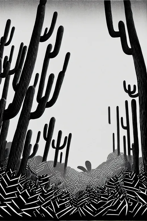 Prompt: art by brian reedy, a beautiful black ink linocut print of a giant cacti forest, 8 k, frostbite 3 engine, cryengine, ground level shot, trending on artstation, digital art, crepuscular ray