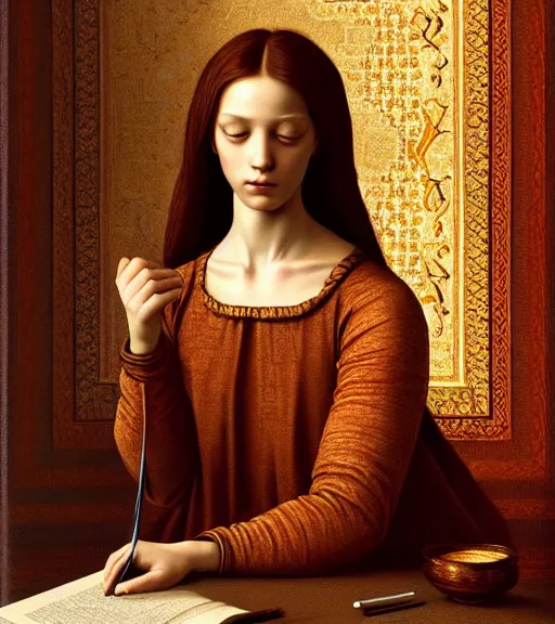 Image similar to portrait of a beautiful room with a tapestry on the wall, as well as a book upon a table with heightened detail, detailed facial expression, detailed surroundings, elegant, highly detailed, centered, digital painting, artstation, concept art, smooth, sharp focus, illustration, by ( leonardo da vinci ), wlop