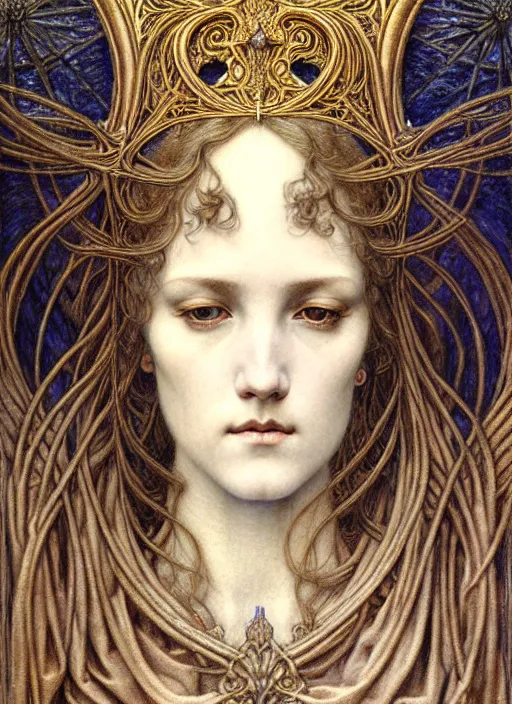 Image similar to detailed realistic beautiful young medieval queen face portrait by jean delville, gustave dore and marco mazzoni, art nouveau, symbolist, visionary, gothic, pre - raphaelite. horizontal symmetry