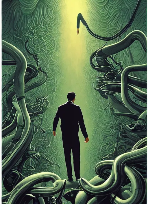 Prompt: poster artwork by Michael Whelan and Tomer Hanuka, Karol Bak of Tom Cruise black tentacles emerge from his back, from scene from Twin Peaks, clean, simple illustration, nostalgic, domestic, full of details