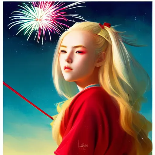 Image similar to colorful and festive captivating teenager girl with blonde hair, red japanese traditional clothes, shooting a firework with bow and arrow at the sky. rich vivid colors, ambient lighting, dynamic lighting, 4 k, atmospheric lighting, painted, intricate, highly detailed by charlie bowater