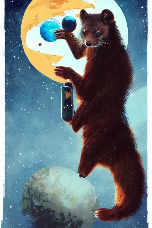 Image similar to giant pine marten in space holding a planet, digital art, trending on artstation, highly detailed, by Greg Rutkowski, by Conrad Roset, by Dan Mumford