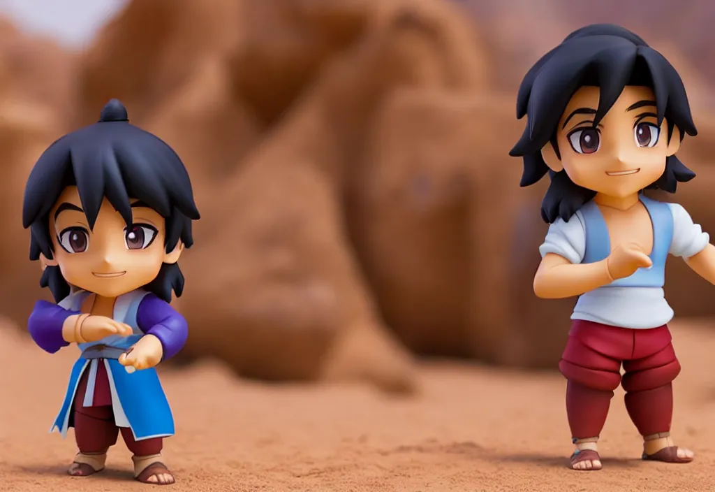 Image similar to side view of young aladdin of disney movie as nendoroid running in desert village, 8 k hd dof, kodak film,