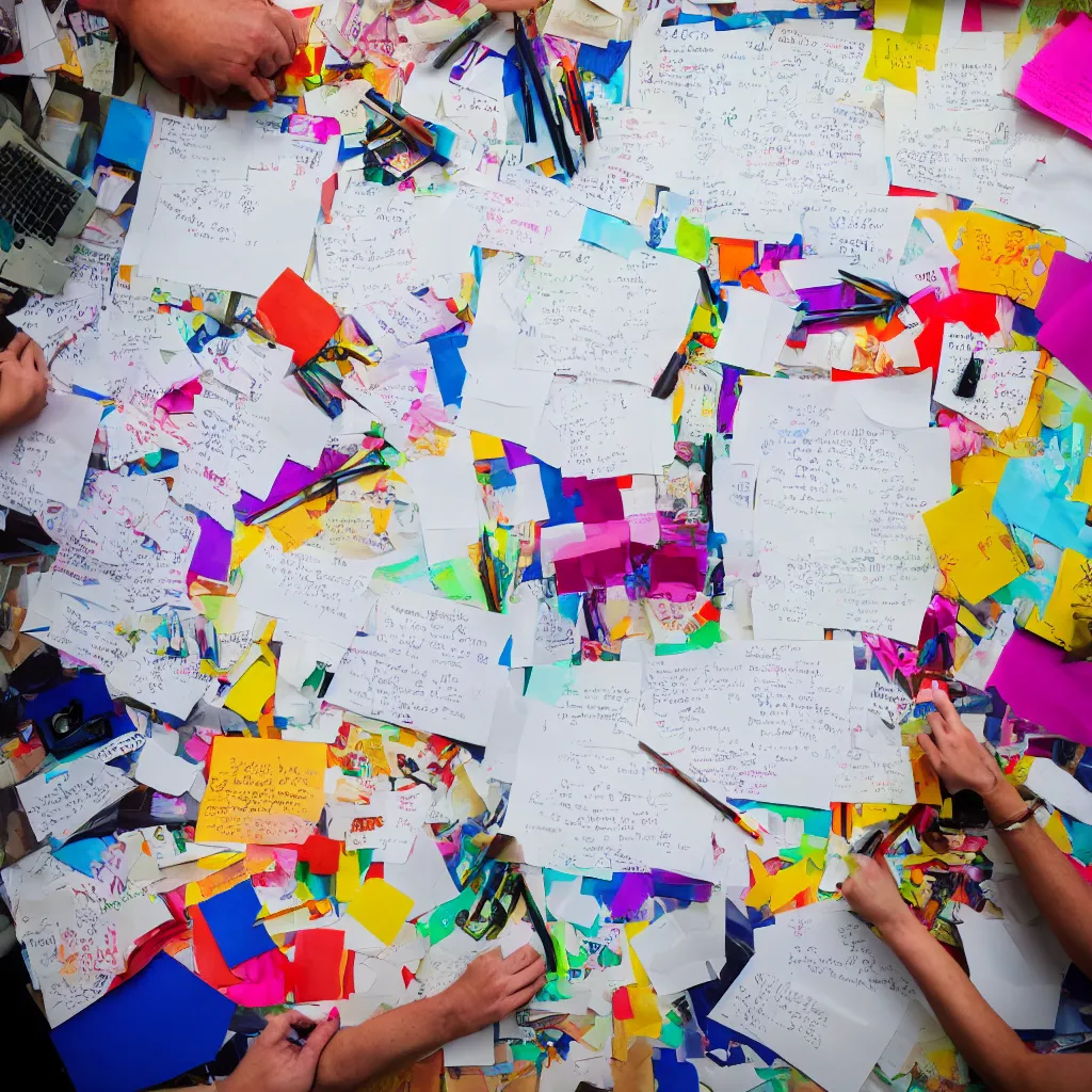 Prompt: On a desk, several hands people are writing on sheets of paper with large illegible signs, Cindy Sherman, vibrant colors, sigma 85mm, f 1/4, ultra detailed