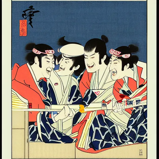 Image similar to The Beatles playing in the Budokan, Ukiyo-e art,