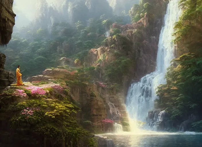 Prompt: a beautiful picture of waterfall in full bloom, rocks, giant palace, monk meditate, golden ratio, perfect symmetrical, greg rutkowski, thomas kinkade, artstation