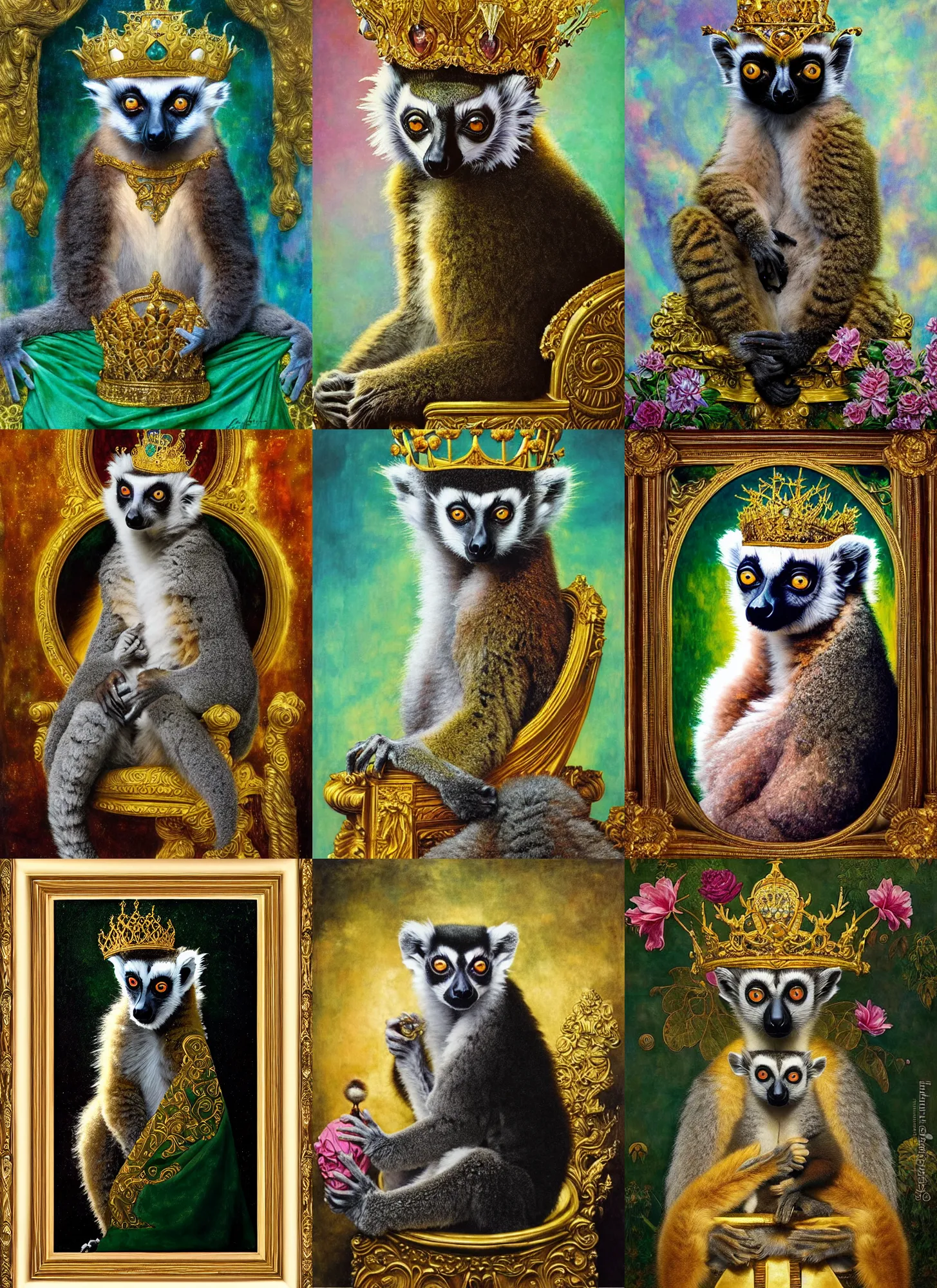 Prompt: “A majestic portrait of a lemur wearing a crown, on a golden throne, titian, Tom Bagshaw, Sam Spratt, maxfield parrish, gustav klimt, high detail, 8k, underwater light rays, intricate, royalty, vibrant iridescent colors,pink green and gold”