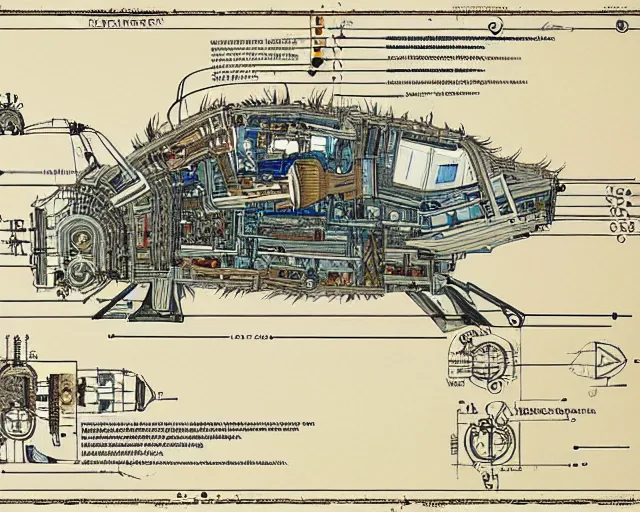Prompt: a full page of a mechanical blueprint showing a cutaway design for a mechanized coyote from howl's moving castle ( 2 0 0 4 ), with a big head, muted colors, post grunge, studio ghibli, hq,