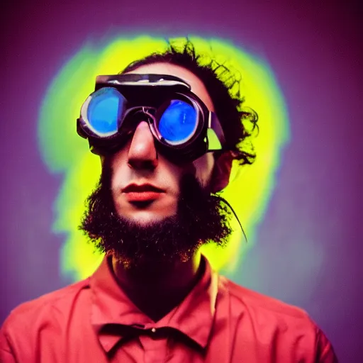 Image similar to kodak portra 1 6 0 photograph of a skinny nerdy goth guy with wild hair wearing goggles and eclectic jewelry, moody lighting, moody aesthetic, telephoto, 9 0 s vibe, rave background, vaporwave colors, faded!,