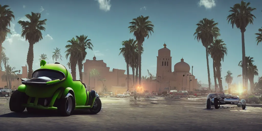 Prompt: kermit driving a car, wlop, moroccan city, mosque, palm trees, cinematic lighting, hyperdetailed, 8 k realistic, symmetrical, global illumination, radiant light,, frostbite 3 engine, cryengine, dof, trending on artstation, digital art, chanel