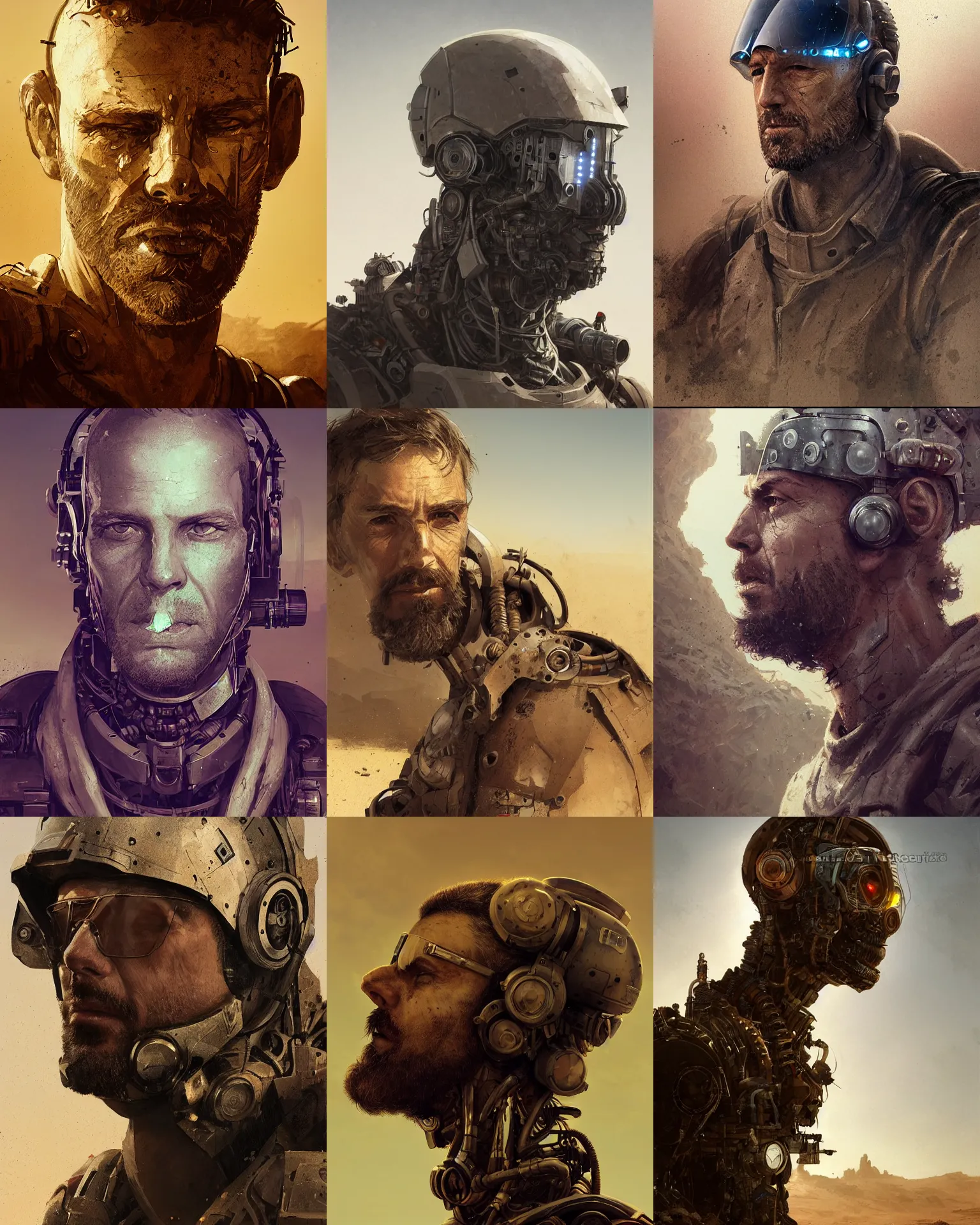 Image similar to a rugged engineer man with cybernetic enhancements lost in the desert, scifi character portrait by greg rutkowski, esuthio, craig mullins, 1 / 4 headshot, cinematic lighting, dystopian scifi gear, gloomy, profile picture, mechanical, half robot, implants, steampunk