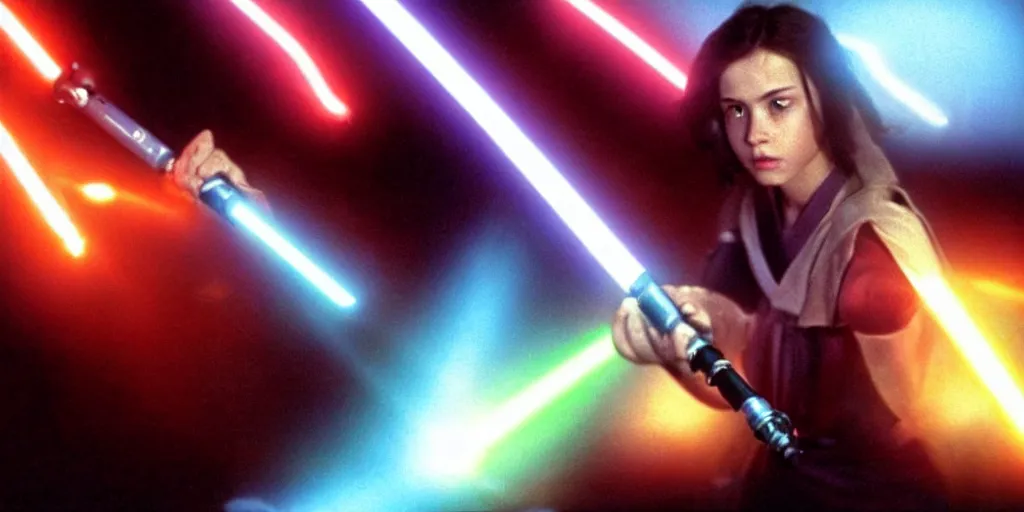 Image similar to a full color still of a teen brunette Jedi padawan holding a lightsaber hilt during a sci-fi battle, cinematic lighting, 1999, directed by Steven Spielberg, 35mm