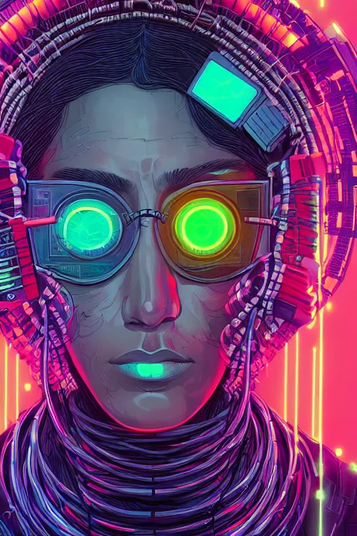 Prompt: stunning highly detailed portrait of a neuromancer hacker with cyber headgear surrounded by wires, neon colors, oil on canvas, strong lighting, by Josan Gonzalez, HD, 4K