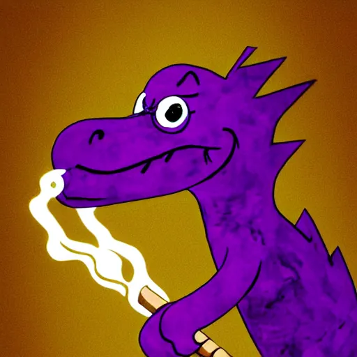 Image similar to barney the purple dinosaur from kids show drinking whisky and smoking a cigar, portrait art, digital art, trending on artstation