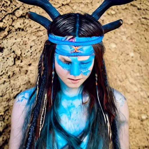 Image similar to A young female shaman, blue hair and antlers on her head. blindfolded, heilung, in the style of Heather