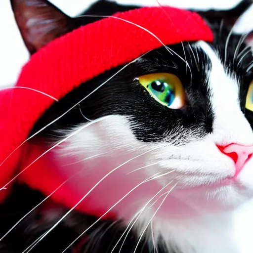 Image similar to a cute black and white cat wearing a red ski mask with black ski goggles, photorealistic