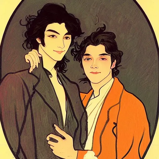 Image similar to painting of young cute handsome beautiful dark medium wavy hair man in his 2 0 s named shadow taehyung and cute handsome beautiful min - jun together at the halloween! party, bubbling cauldron!, candles!, smoke, autumn! colors, elegant, wearing suits!, clothes!, delicate facial features, art by alphonse mucha, vincent van gogh, egon schiele