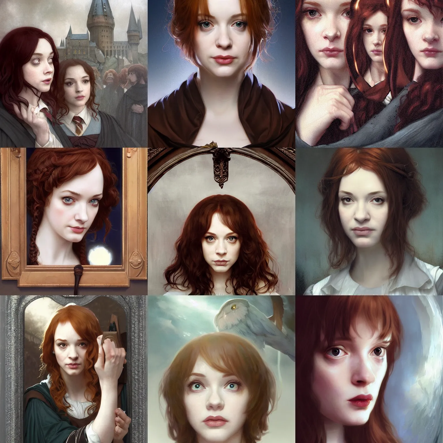 Prompt: looking through a mirror at a beautiful sad mouth open christina hendricks dressed as a hogwarts student, with brown hair, harry potter, defined facial features, symmetrical facial features. by ruan jia and artgerm and range murata and krenz cushart and william adolphe bouguereau, key art, fantasy illustration, award winning, intricate detail realism hdr