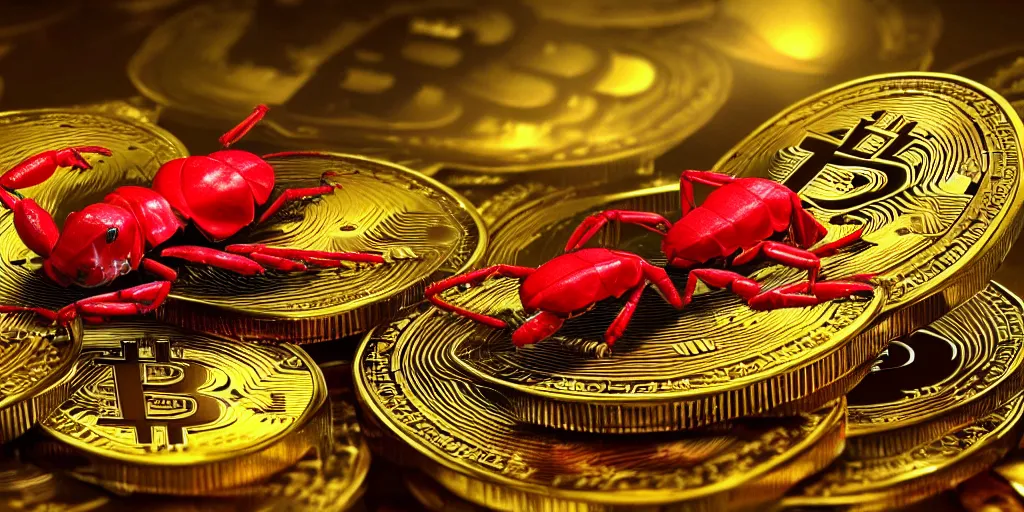 Image similar to a red scorpion with yellow scorpion tail on top of cryptocurrency coins, lots, of gems, diamonds photorealistic, unreal engine 5, octane render, volumetric light, cg society, 4 k, bokeh, lada car, artstation treasure trove sparkling on the floor of an ornate stone vault, by justin gerard and haeckel.