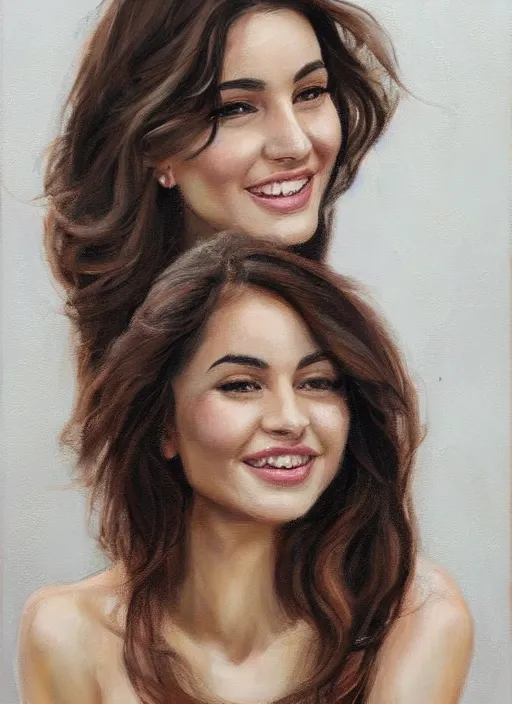 Prompt: beautiful portrait face centre oil on canvas of brunette with wavy hair, big mouth, smiling, Ebru Şahin, Reyyan, looks like Sabrina Ouazani , intricate, elegant, highly detailed, artstation, concept art, sharp focus, art by Alina Ivanchenko, Rob Ross, WLUP, artgerm