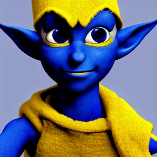 Image similar to a blue skinned male elf with yellow eyes, forwards facing, Pixar, high resolution, cute