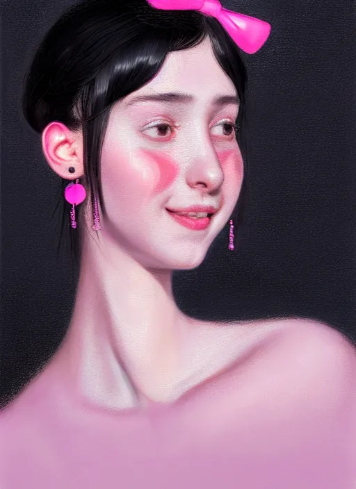 Image similar to portrait of teenage girl, realistic, black hair, bangs, half updo hairstyle, pointy nose, skinny, smile, ugly, defined jawline, big chin, pink hair bow, earrings, intricate, elegant, glowing lights, highly detailed, digital painting, artstation, sharp focus, illustration, art by wlop, mars ravelo and greg rutkowski