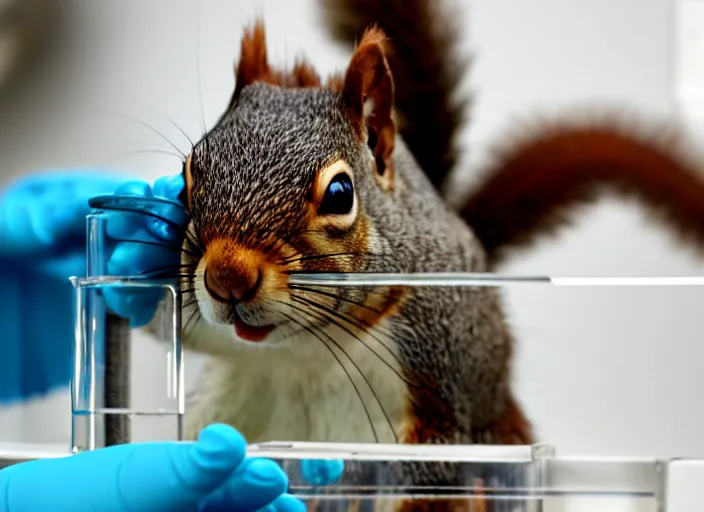 Prompt: film still of a squirrel working in a research lab filling test tubes, 8 k