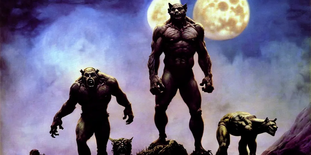 Prompt: by frazetta , panoramic close up of realistic oversized werewolf with frankenstein and mummy, epic pose , full body backlight ,top light ,full body portrait ,highly textured oil painting ,jungle ,cyan graveyard with backlight from the moon ,foggy background ,with dramatic sky ,clouds and giant oversized moon and storm