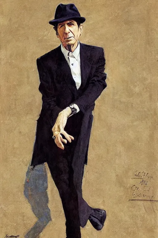 Image similar to “portrait of Leonard Cohen, impeccably dressed, wearing trilby hat, by Robert McGinnis”