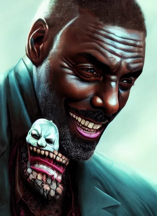 Prompt: Fantastic portrait of Idris Elba as The Joker from Batman movie, digital art by Eugene de Blaas and Ross Tran, vibrant color scheme, highly detailed, in the style of romanticism, cinematic, artstation, Greg rutkowski