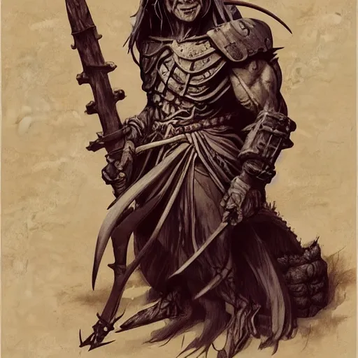 Prompt: quarter length portrait of a japanese hobgoblin, d & d, fantasy, greg rutkowski, frank frazetta, alexandre chaudret, boris vallejo, michael whelan, miro petrov, hr giger, magali villeneuve, donato giancola