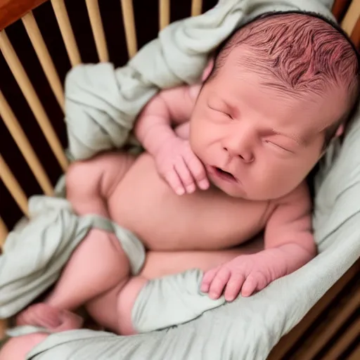 Prompt: a beefed up extremely muscular newborn little baby in a crib, rippling muscles, huge veins, bulging muscles, ripped, flexing, intense expression, award winning photography, high detail