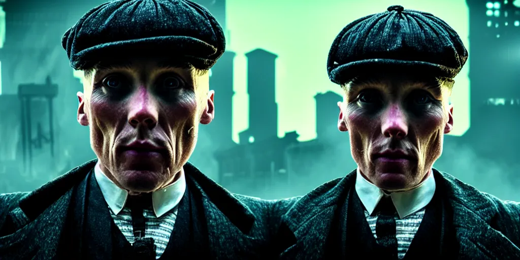 Prompt: Peaky Blinders, in Cyber Punk 2077, in a surreal cyberpunk! style, oil on canvas, 4K highly detailed face