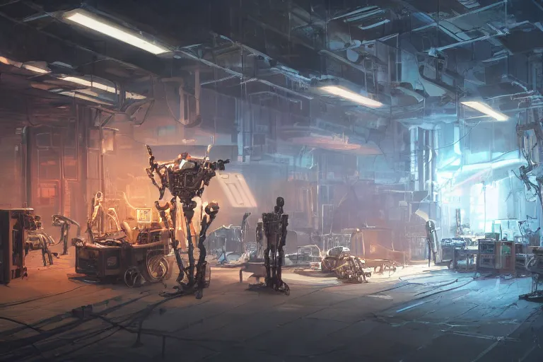 Prompt: interior shot, scifi robot repair workshop, robot skeleton, neon lights, neon lights, neon lights, neon lights, cinematic lighting, Craig Mullins, Greg Rutkowski, volumetric light, artstation, octane render, low angle camera