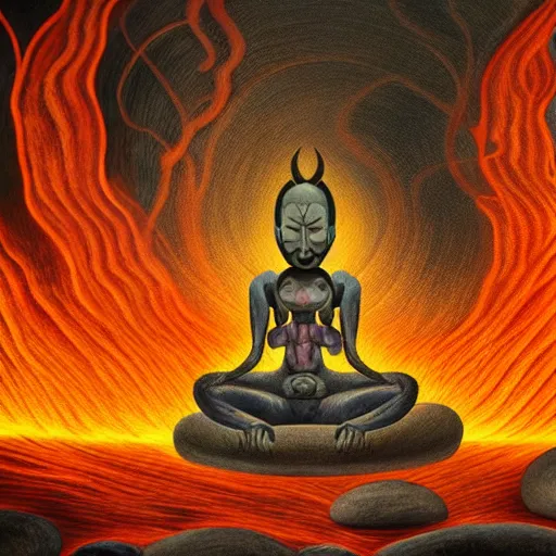 Image similar to a demon meditating near a zen garden with a lava waterfall in hell and opening a portal to heaven by amanda sage and anton semenov, oil on canvas 8k, dramatic lighting