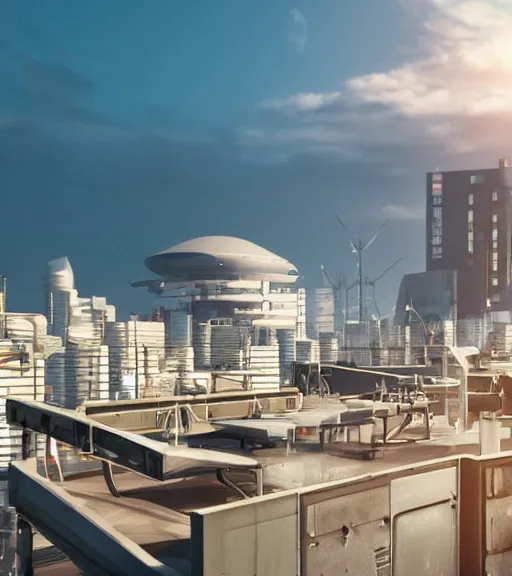 Prompt: sci - fi city rooftop view, blue sky, highly detailed, beautiful light and sunset, photorealistic, octane render