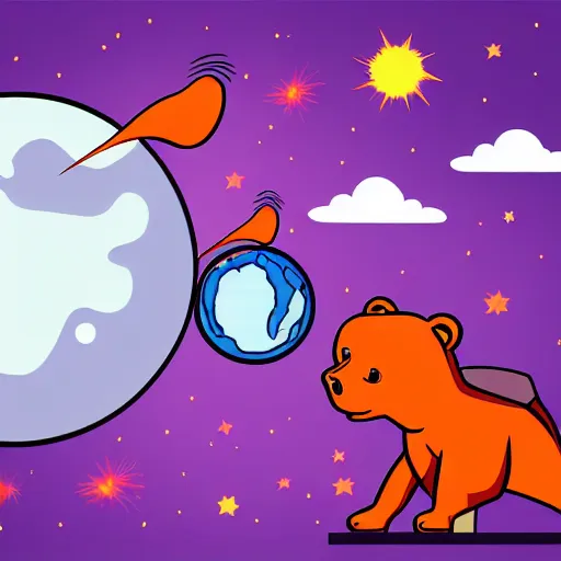 Image similar to cartoon animated illustration of a bear mascot being launched from a futuristic marble planet, purple and orange cloudland