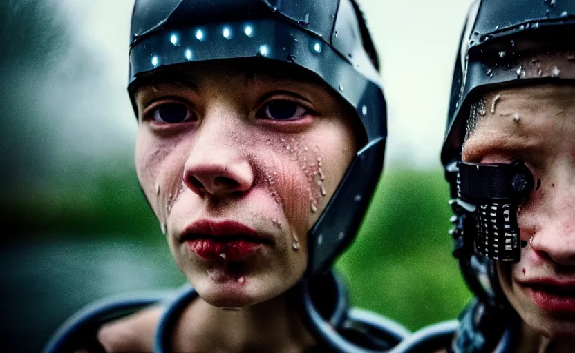 Image similar to cinestill 5 0 d candid photographic portrait by helen levitt of two cyborgs wearing rugged white mesh techwear in treacherous waters, extreme closeup, modern cyberpunk moody depressing cinematic, pouring rain, 8 k, hd, high resolution, 3 5 mm, f / 3 2, ultra realistic faces, ex machina