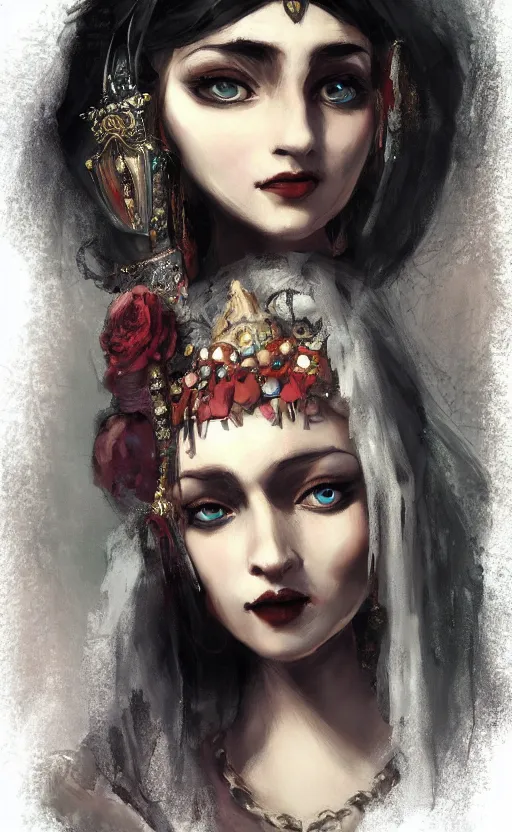 Prompt: Gypsy gothic princess. By Rembrandt and artstation trending