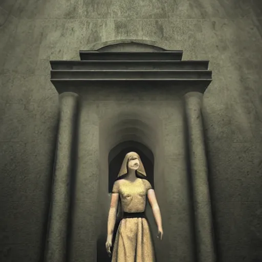 Prompt: delicate Beautiful ancient young woman near giant mysterious and eerie mausoleum, extremely high detail, photo realistic, cinematic, dramatic, post processed